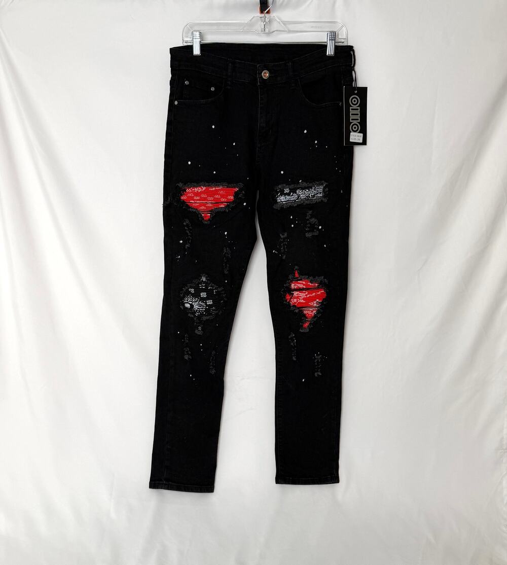 Womens Black Distressed Skinny Jeans Bandana Patch Paint Splatter Size 30